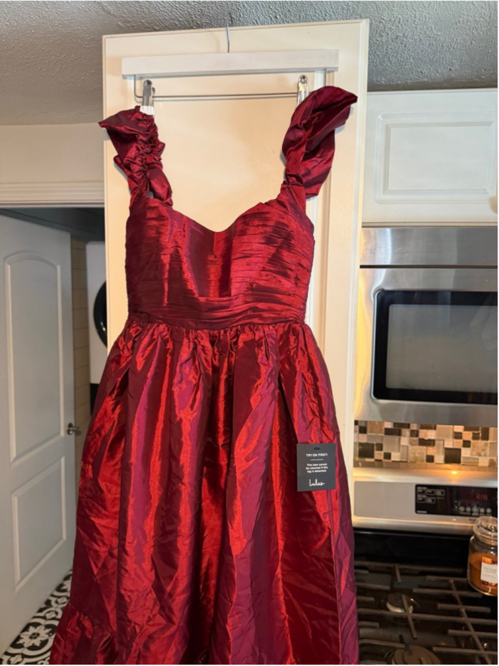 NWT Lulus Poised Passion Wine Red Taffeta Pleated Ruffled Midi Dress Size S - Picture 6 of 9